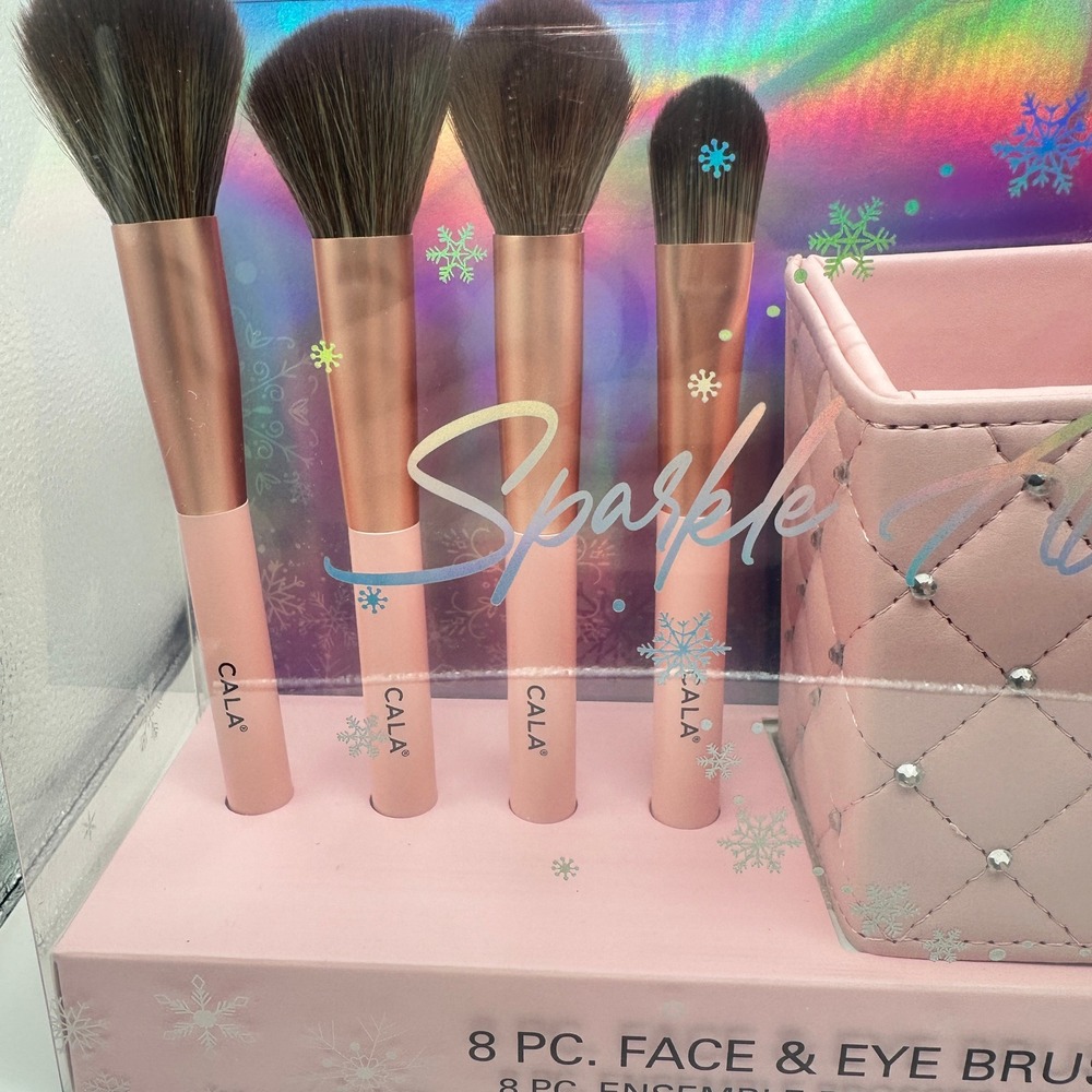 CALA 8 Pc Face & Eye Brush Set w Holder Pink Sparkle NIB - Picture 5 of 11